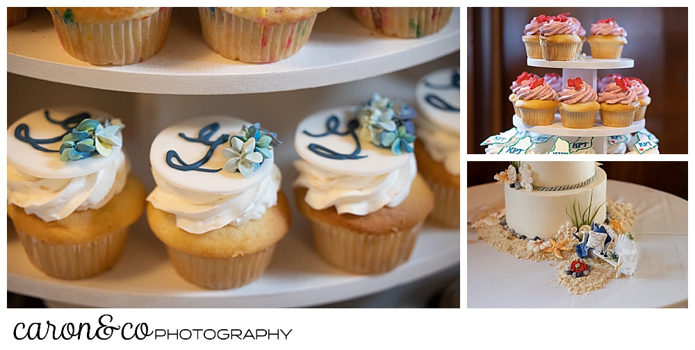 cake detail and cupcakes by Let Them Eat Cake at a Kennebunkport wedding at the colony hotel